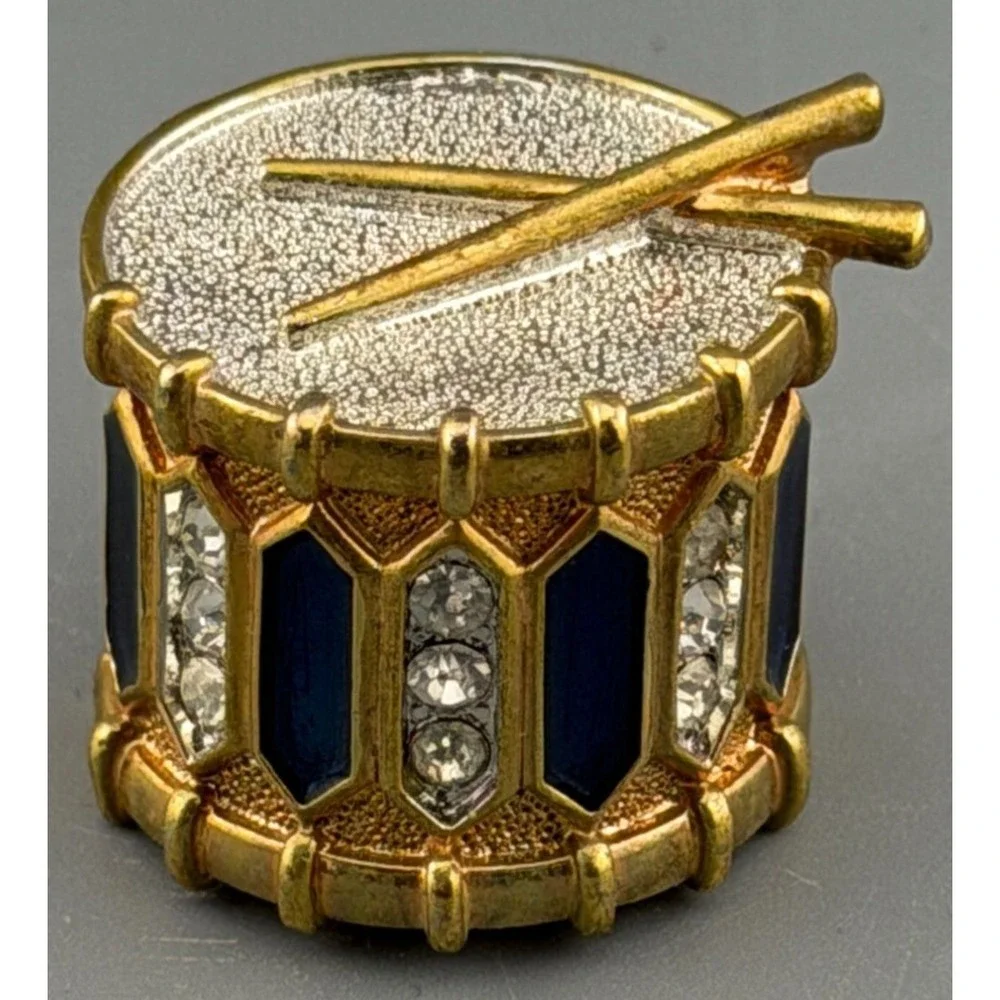 Vintage Drum Brooch Blue Enamel Clear Rhinestones Gold Tone Figural HS Band 7/8